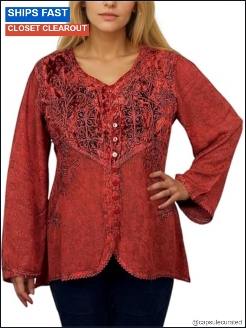 Boho Embroidered Long Sleeve Blouse with Wide Cuffs, Rayon Velvet
